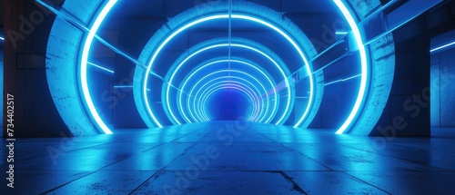 Futuristic Blue Neon Light Tunnel Corridor