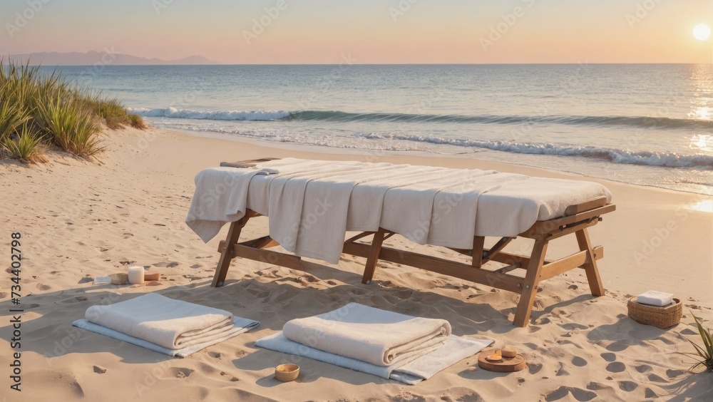 Beachfront Massage Setup at Sunrise with Ocean Views, Generative AI