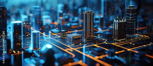 Futuristic Digital Cityscape with Glowing Network Lines