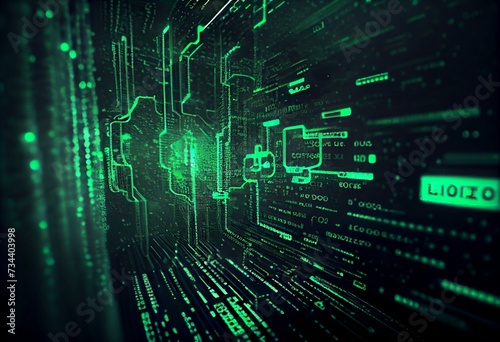 Green cyberspace, information flows and binary code, futuristic 3d illustration. Generative AI