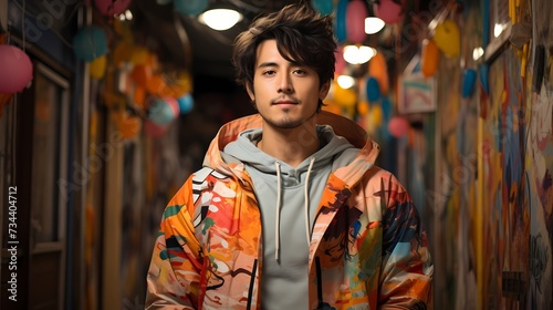 A candid shot of a Japanese male model exploring a vibrant street full of colorful murals, captured by a handheld HD camera, showcasing his adventurous spirit and fashion-forward choices
