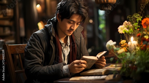 A candid shot of a Japanese male model engrossed in a book at a cozy street-side cafe  captured by a handheld HD camera  highlighting his intellectual charm and stylish attire