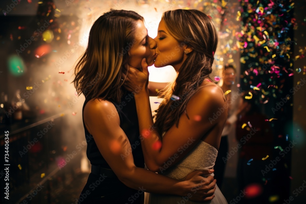 Affectionate Kiss: Lesbian Couple Sharing Love at Party
