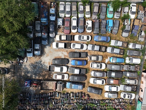 Arial view image of scrap cars. Aerial view of old car. Cars for spare parts.