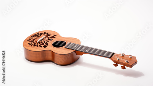 An acoustic guitar with intricate soundhole design and wooden body. photo
