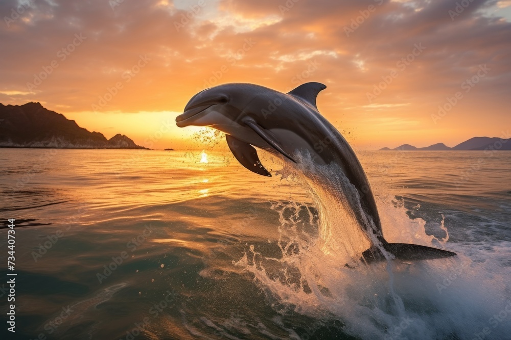 Obraz premium Dolphin Jumping in Sunset: Majestic Marine Beauty