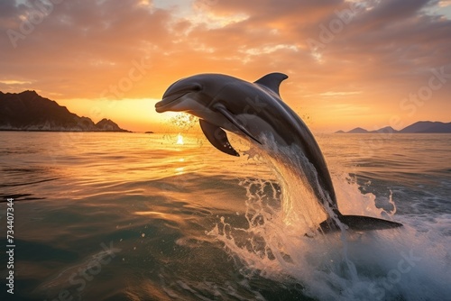 Dolphin Jumping in Sunset: Majestic Marine Beauty © Milos