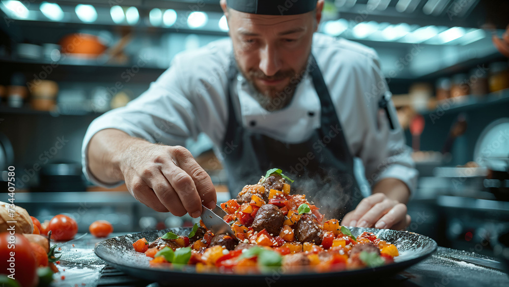 Gourmet Kitchen scene, chef's hands preparing a dish, culinary art