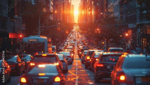 Bustling urban street at sunset, city life in motion, vibrant colors
