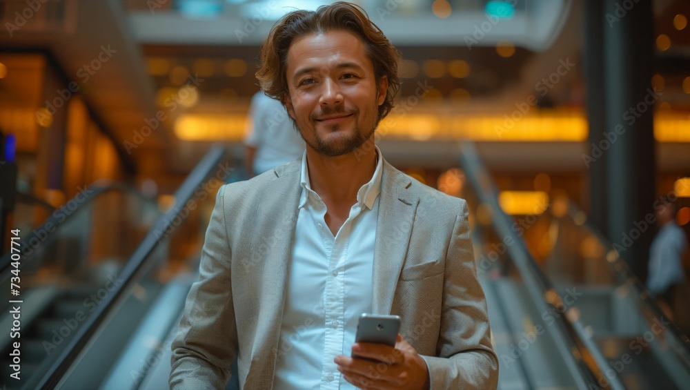 A businessman going down the escalator and using a smartphone A businessman going down the escalator and using a smartphone