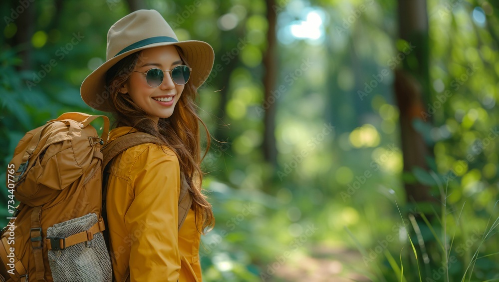 Beautiful female tourist in hat and backpack walking in the forest