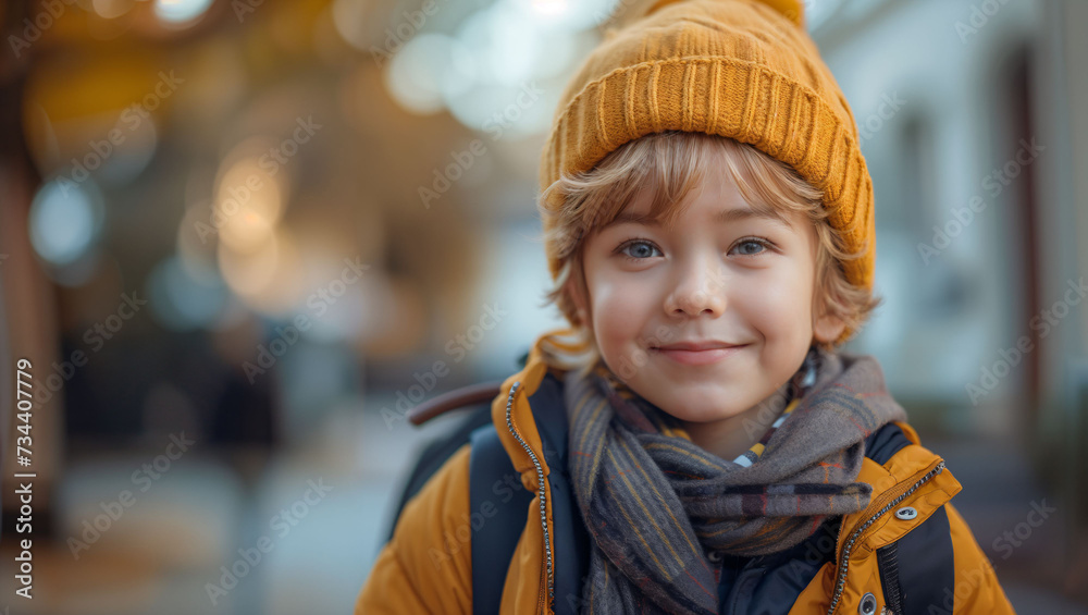 Portrait of a little boy with a backpack is going to school Portrait of a little boy with a backpack is going to school