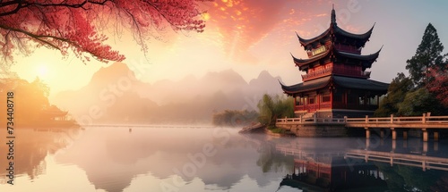 Misty Lake Sunset with Traditional Asian Pagoda