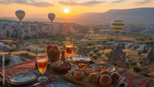 Turkish breakfast at turkey cappadocia landscape with hot airs photo