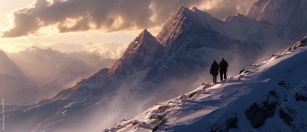 Couple Gazing at Sunset Over Snowy Mountains