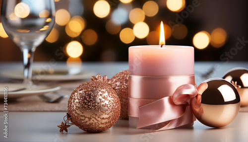 Glowing candle illuminates elegant table, celebrating with shiny decorations generated by AI