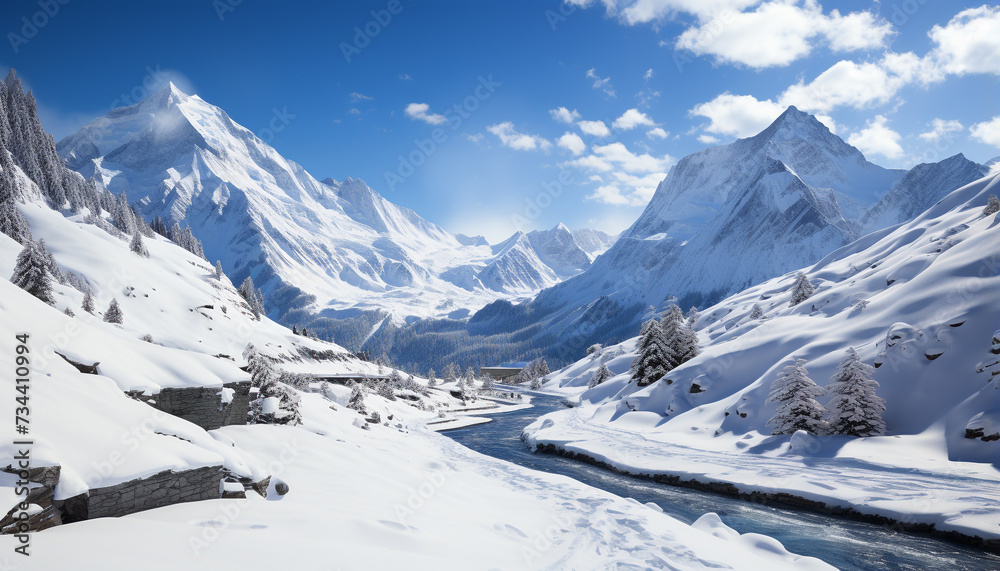 Majestic mountain range, tranquil scene, frozen beauty in nature generated by AI