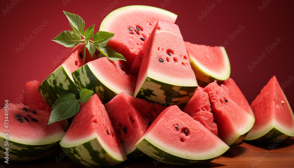 Fresh watermelon slice, a sweet and juicy summer snack generated by AI Fresh watermelon slice, a sweet and juicy summer snack generated by AI