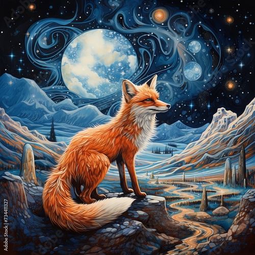 Magical landscape with fox and outer space. Mystical starry sky.