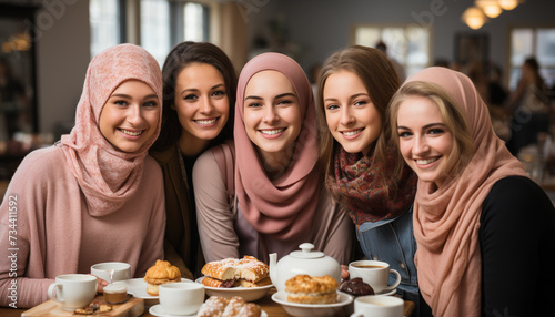 Smiling women in hijab enjoy coffee, friendship, and togetherness generated by AI