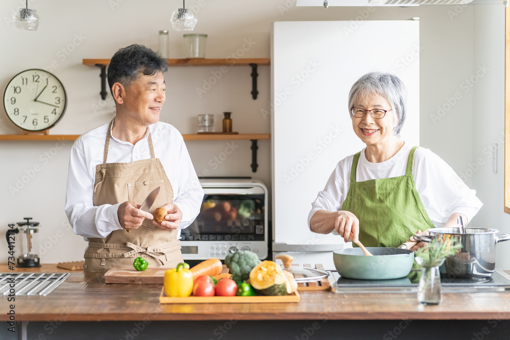 家のキッチンで一緒に料理・家事を楽しむ高齢者夫婦・シニアカップル
家のキッチンで一緒に料理・家事を楽しむ高齢者夫婦・シニアカップル