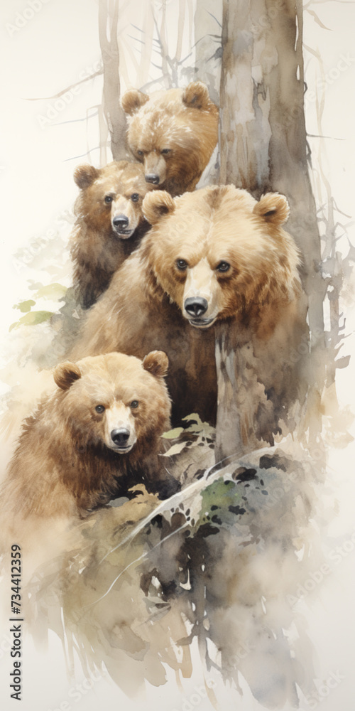 Watercolor painting of a brown bear family playing Watercolor painting of a brown bear family playing