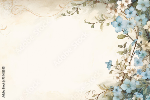 Delicate beige background with springflowers, watercolor. Forget me not