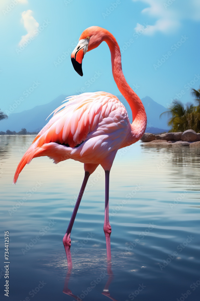 Portrait of a single flamingo at the beach