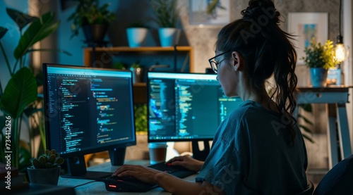 Focused woman working on computer screens complex software code in a dark room illuminated.