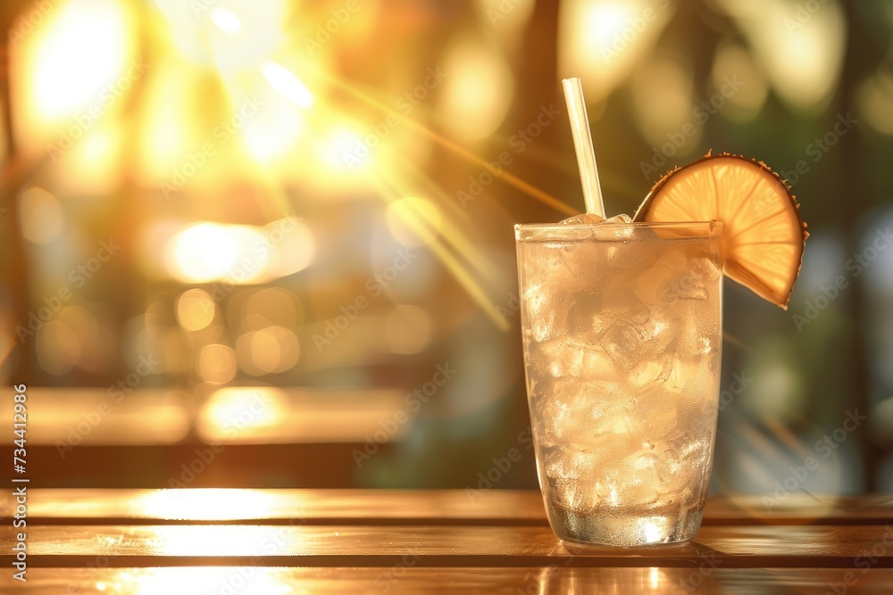Coconut water in a long, clear glass and ice. Inserted with a straw Placed on a wooden table Bokeh background Coconut water in a long, clear glass and ice. Inserted with a straw Placed on a wooden table Bokeh background