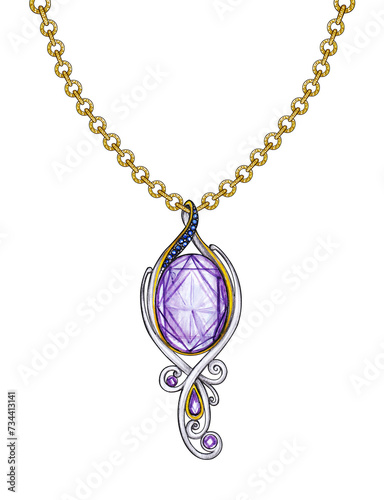 Necklace jewelry design modern art set witn amethyst and blue sapphire sketch by hand drawing on paper.