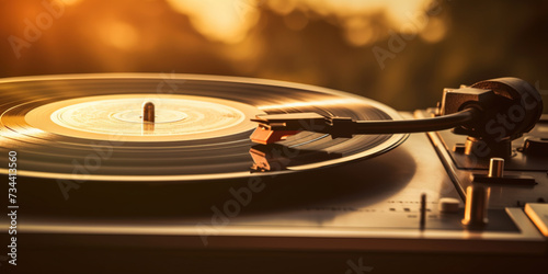 Vintage Vinyl Record Playing on a Turntable with Warm Sunset Light