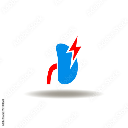 Vector illustration of kidney with lightning. Icon of risk of lupus. Symbol of chronic kidney disease.