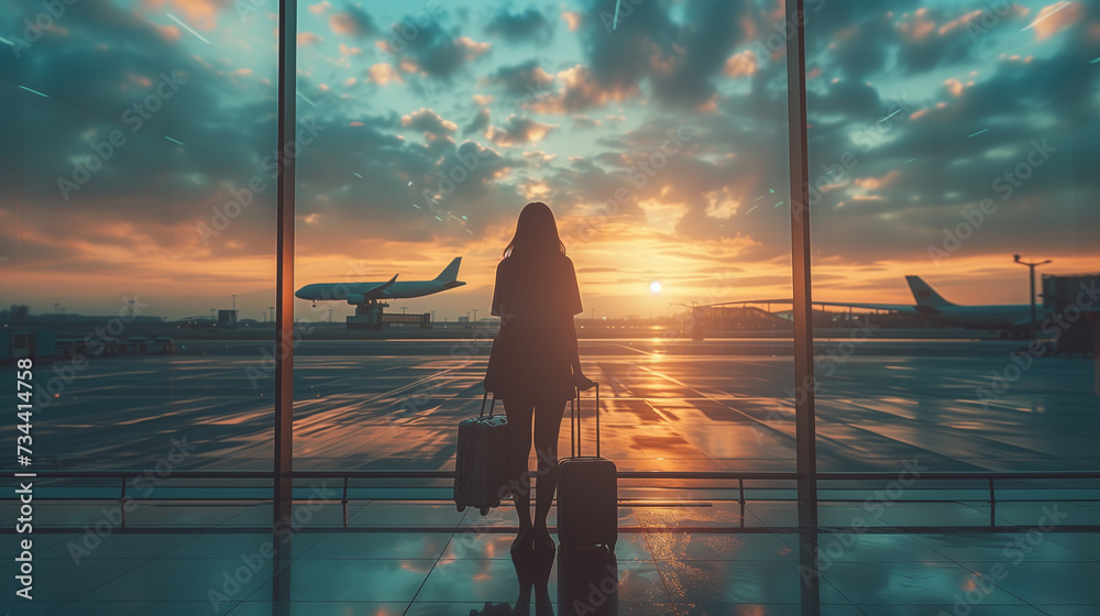  business woman with luggage at an airport window with in the background a flying airplane, silhouette of a woman by the window of a airport terminal