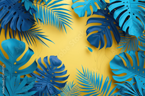 Top view illustration colorful tropical leaves frame minimalist background, Flat lay Summer holiday vacation concept