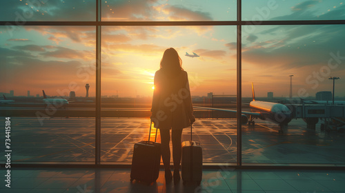  business woman with luggage at an airport window with in the background a flying airplane, silhouette of a woman by the window of a airport terminal