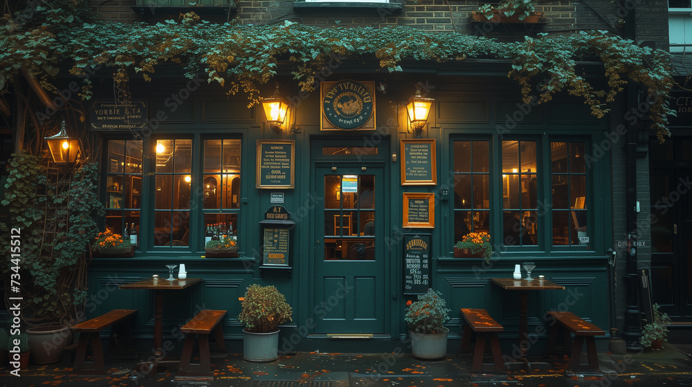 the front side of a traditional green old Pub, London UK, green pub outside in the evening, British pub in the evening at dusk - obrazy, fototapety, plakaty 