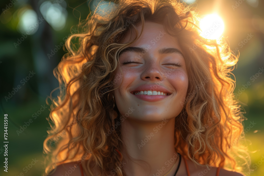 A woman practicing laughter yoga in a community park, spreading joy through laughter exercises. Concept of therapeutic merriment. Generative Ai. A woman practicing laughter yoga in a community park, spreading joy through laughter exercises. Concept of therapeutic merriment. Generative Ai.