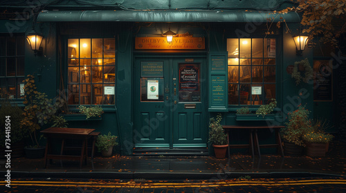 the front side of a traditional green old Pub, London UK, green pub outside in the evening, British pub street local life