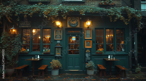 the front side of a traditional green old Pub, London UK, green pub outside in the evening, British pub in the evening at dusk