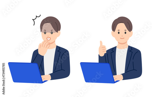パソコンを見てショック･グッドのポーズをするビジネスパーソン男性のセット【人物ベクターイラスト素材】