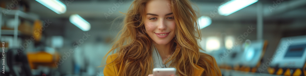 Fototapeta premium Smiling businesswoman using her phone in the office. Small business entrepreneur looking at her mobile phone and smiling while communicating with her office colleagues in a modern office