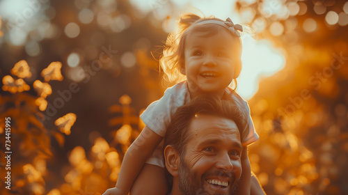Family, dad and daughter on shoulders in the park, happiness or love in the summer sunshine., baby girl or laugh together for freedom, bond or holding hands for care, backyard or garden at sunset photo
