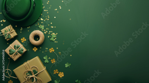 A top view photo capturing the Saint Patrick's Day concept with a leprechaun hat and festive green decorations. photo