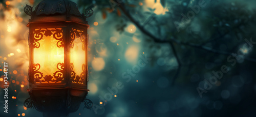 A glowing golden lantern stands against a blurred background, casting a warm and inviting light in the tranquil evening ambiance photo