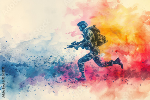 Army woman run in colourful splash watercolor  concept  independence  peace