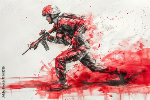 Army woman run in red splash watercolor, concept: independence, peace