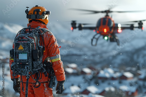 Drone-assisted search and rescue operations, showcasing the use of technology in emergency response. Generative Ai.