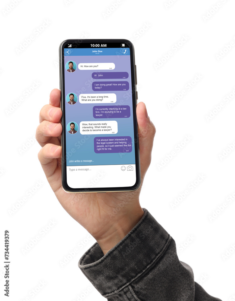 Man texting with friend using messaging application on smartphone against white background, closeup Man texting with friend using messaging application on smartphone against white background, closeup