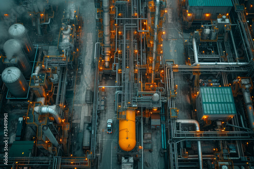 A top-down view of an industrial complex, illustrating the scale and complexity of manufacturing processes. Concept of aerial industrial documentation. Generative Ai.